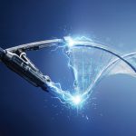 Robotic arm interacting with a digital DNA helix, symbolizing ASSA ABLOY's innovation in electromechanical locking.