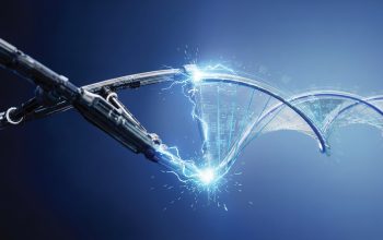 Robotic arm interacting with a digital DNA helix, symbolizing ASSA ABLOY's innovation in electromechanical locking.