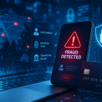 AI-powered fraud detection concept with smartphone, payment card and digital cybersecurity interface.