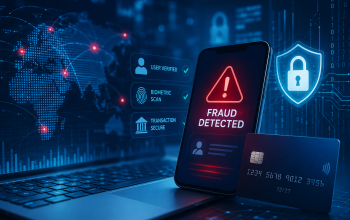 AI-powered fraud detection concept with smartphone, payment card and digital cybersecurity interface.