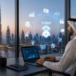 UAE government official using an AI-powered digital interface overlooking the Dubai skyline.