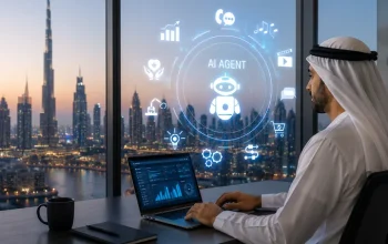 UAE government official using an AI-powered digital interface overlooking the Dubai skyline.