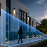 Illustration of a high-mount outdoor curtain detector protecting a commercial building perimeter with an invisible detection barrier.