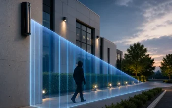 Illustration of a high-mount outdoor curtain detector protecting a commercial building perimeter with an invisible detection barrier.