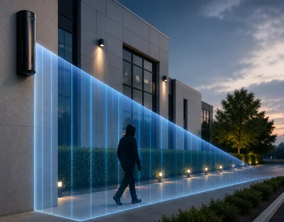 Illustration of a high-mount outdoor curtain detector protecting a commercial building perimeter with an invisible detection barrier.