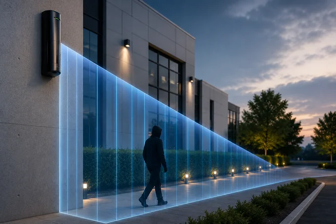Illustration of a high-mount outdoor curtain detector protecting a commercial building perimeter with an invisible detection barrier.