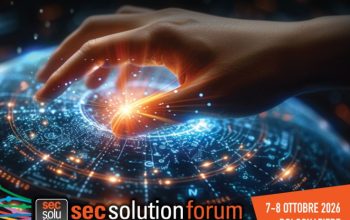 Promotional image for secsolutionforum 2026 at BolognaFiere, showcasing AI, physical security and cybersecurity technologies.