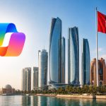 Abu Dhabi skyline with UAE flag and Microsoft Copilot logo illustrating the emirate's sovereign AI strategy and AI-native government initiative.