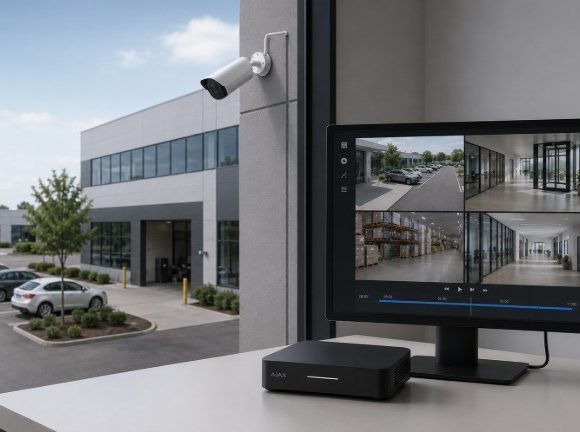 Illustration of an Ajax security camera, NVR, and monitoring screen showing recorded video playback