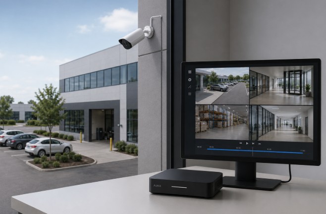 Illustration of an Ajax security camera, NVR, and monitoring screen showing recorded video playback