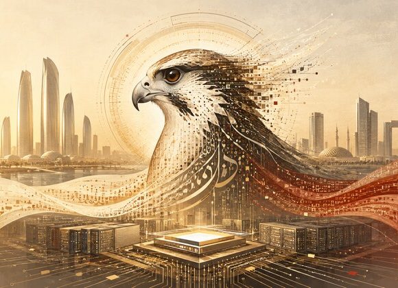 Digital falcon illustration representing UAE sovereign AI and Falcon H1