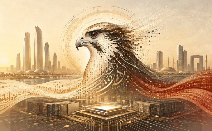 Digital falcon illustration representing UAE sovereign AI and Falcon H1