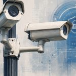 Editorial illustration of surveillance cameras with cybersecurity network graphics