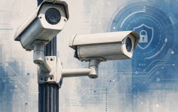 Editorial illustration of surveillance cameras with cybersecurity network graphics