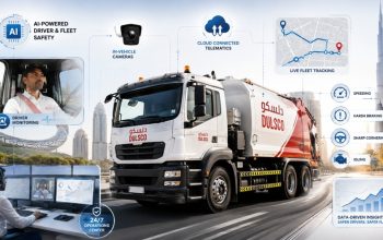 Illustration of Dulsco’s AI-powered fleet monitoring system in the UAE with telematics, in-vehicle cameras and driver safety analytics
