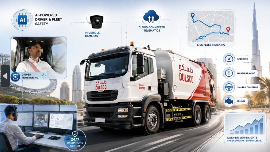 Illustration of Dulsco’s AI-powered fleet monitoring system in the UAE with telematics, in-vehicle cameras and driver safety analytics