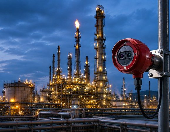 Fixed fire and gas detector installed at an industrial refinery
