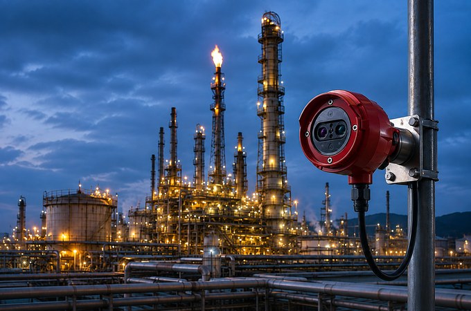 Fixed fire and gas detector installed at an industrial refinery