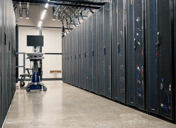 Server racks inside a modern data center supporting generative AI infrastructure