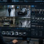 Illustration of an AI video surveillance interface showing Similarity Search for people and vehicles within a VMS workflow