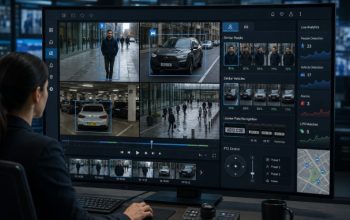 Illustration of an AI video surveillance interface showing Similarity Search for people and vehicles within a VMS workflow