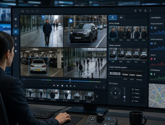 Illustration of an AI video surveillance interface showing Similarity Search for people and vehicles within a VMS workflow