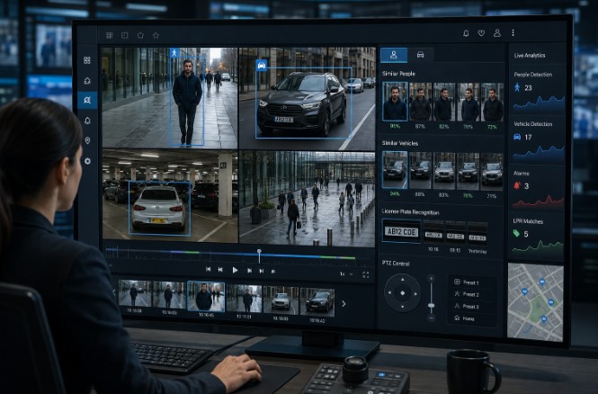 Illustration of an AI video surveillance interface showing Similarity Search for people and vehicles within a VMS workflow