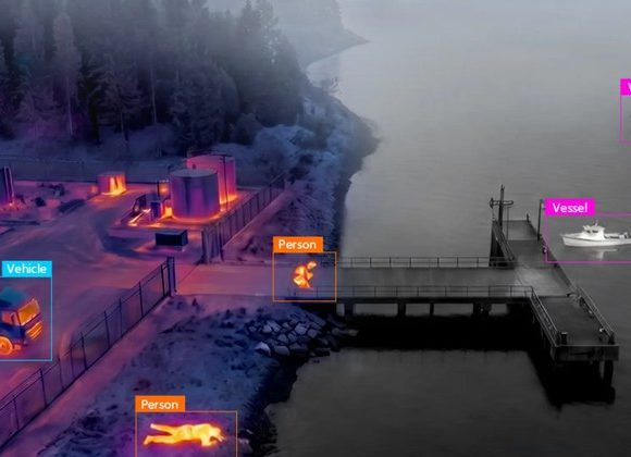Hanwha Vision AI thermal camera detecting vessels, people and vehicles