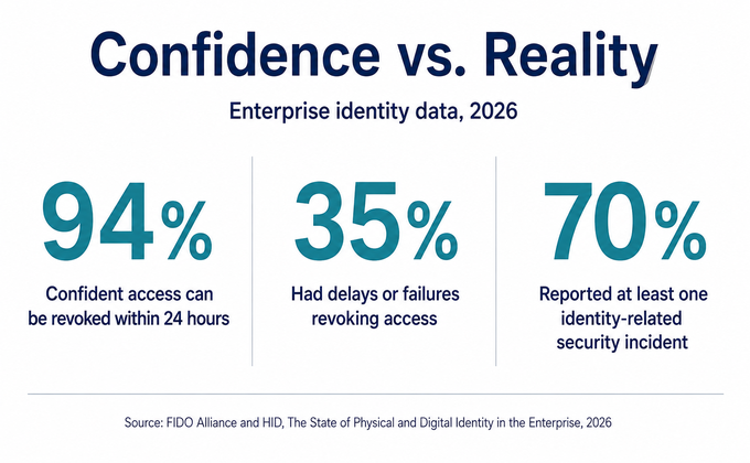 Identity security graphic comparing 94% confidence in access revocation with 35% revocation failures and a 70% incident rate