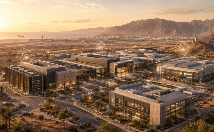 Illustration of Oman’s planned AI special economic zone with data centers and advanced technology facilities