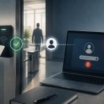 Illustration of physical access card authentication and digital identity access on a workplace computer