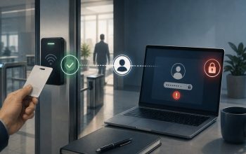 Illustration of physical access card authentication and digital identity access on a workplace computer
