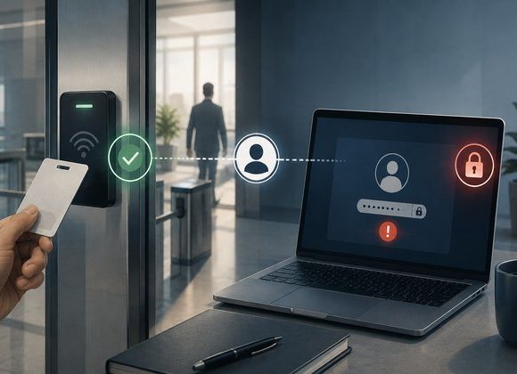 Illustration of physical access card authentication and digital identity access on a workplace computer