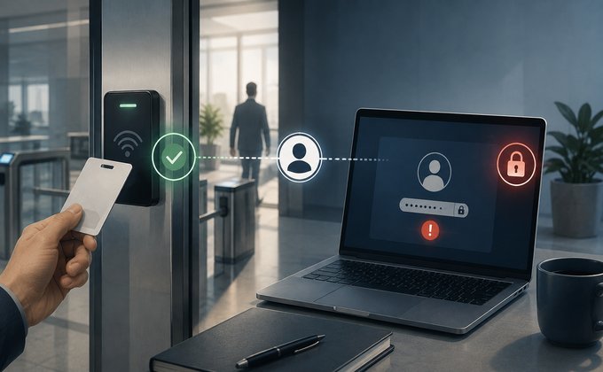 Illustration of physical access card authentication and digital identity access on a workplace computer