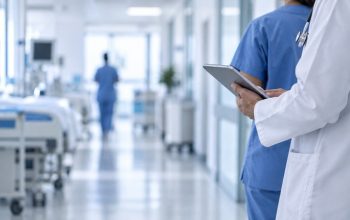 Healthcare staff using a tablet in a hospital environment illustrating Cleopatra Hospitals cybersecurity operations