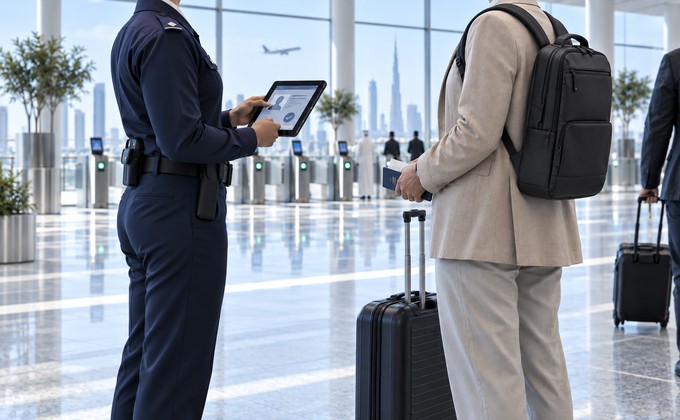 Dubai airport officer using mobile biometric passport control