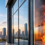Fire-resistant glass protecting a modern building from flames