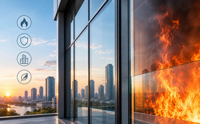 Fire-resistant glass protecting a modern building from flames