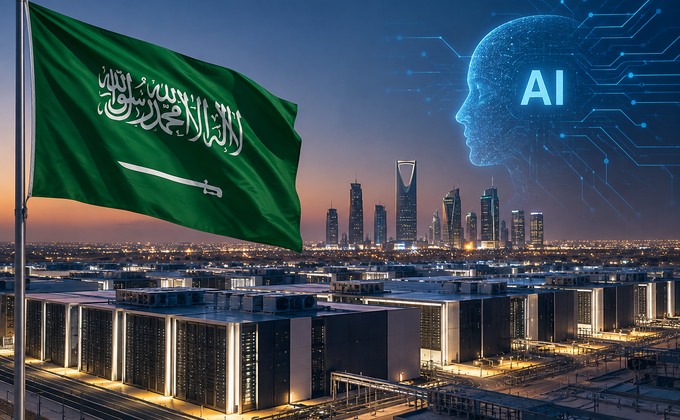 Saudi Arabia AI infrastructure with data centers and Riyadh skyline