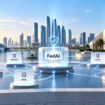 Illustration of the UAE FedAI government AI ecosystem connecting federal services, data, policy and operations