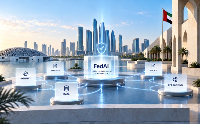 Illustration of the UAE FedAI government AI ecosystem connecting federal services, data, policy and operations